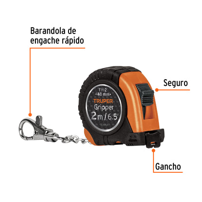 Wincha Gripper de 2 m tipo llavero, cinta 13 mm, Truper