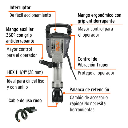 Martillo demoledor HEX 20kg 55J, 1600W, Truper Expert