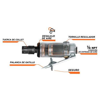 Miniesmeriladora / mini rectificadora, neumática, 1/4"